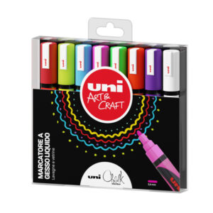 Marcatore a gesso liquido Uni Chalk Marker - punta tonda 1,80 - 2,50 mm - colori assortiti - Uni Mitsubishi - busta 8 pezzi