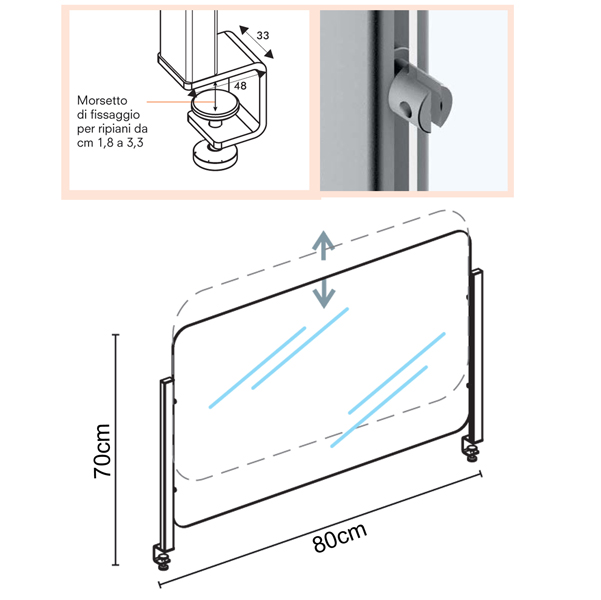 Schermo protettivo Slim - da scrivania - con morsetto in alluminio - 70 x 80 cm - Studio T - immagine 3