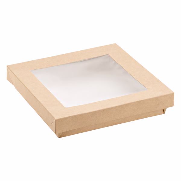 Scatola da asporto - con finestra trasparente - 18 x 18 x 5 cm - carta kraft/PE - avana - Leone - conf. 20 pezzi - immagine 2