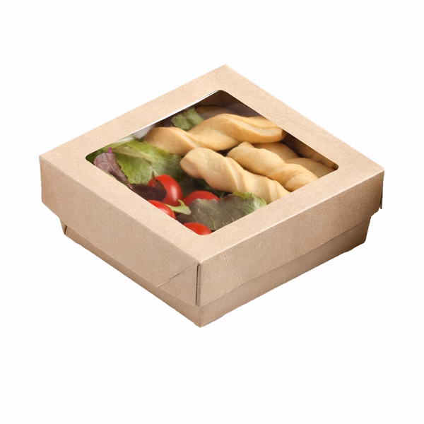 Scatola da asporto - con finestra trasparente - 18 x 18 x 5 cm - carta kraft/PE - avana - Leone - conf. 20 pezzi - immagine 3