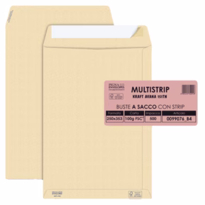 Busta a sacco Multi Strip - strip adesivo - 25 x 35,3 cm - 100 gr - carta riciclata FSC® - avana - Pigna - conf. 500 pezzi