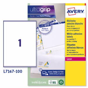Etichette adesive L7167 - in carta - angoli arrotondati - laser - permanenti - 199,6 x 289,1 mm - 1 et/fg - 100 fogli - bianco - Ave ry