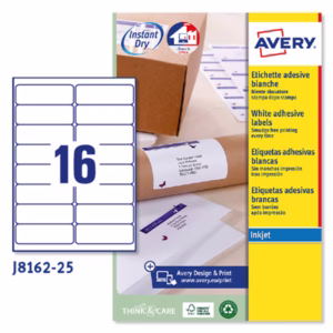 Etichette adesive J8162 - in carta - angoli arrotondati - inkjet - permanenti - 99,1 x 33,9 mm - 16 et/fg - 25 fogli - bianco - Avery