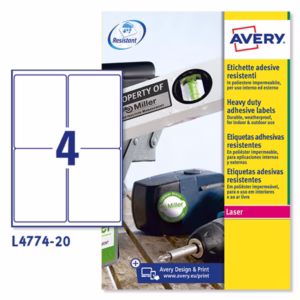 Etichette adesive L4774 - in poliestere - laser - permanenti - 99,1 x 139 mm - 4 et/fg - 20 fogli - bianco - Avery