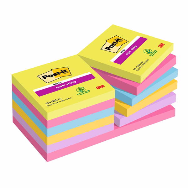 Blocco foglietti Post it® Super Sticky - 654-12SSUCC - 76 x 76 mm - colori Ultra - 90 fogli - Post it®