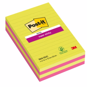 Blocco foglietti Post it® Super Sticky rettangolari - 5845-4SSUC - a righe - 127 x 203 mm - colori Ultra - 45 fogli - Post it®