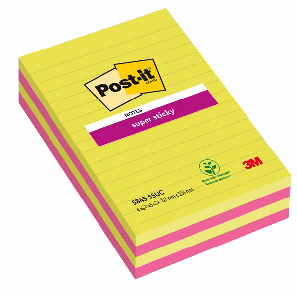Blocco foglietti Post it® Super Sticky rettangolari - 5845-4SSUC - a righe - 127 x 203 mm - colori Ultra - 45 fogli - Post it®