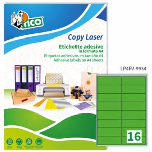 Etichette adesive LP4F - in carta - angoli arrotondati - permanenti - 99,1 x 34 mm - 16 et/fg - 70 fogli - verde fluo - Tico