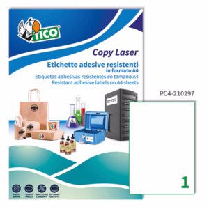 Etichette adesive PC4 - in poliestere - laser - permanenti - 210 x 297 mm - 1 et/fg - 100 fogli - trasparente - Tico