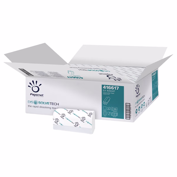 Asciugamani piegati a Z Dissolve Tech - 2 veli - 20 gr - goffratura a onda - 20,3 x 24 cm - bianco - Papernet - conf. 200 pezzi