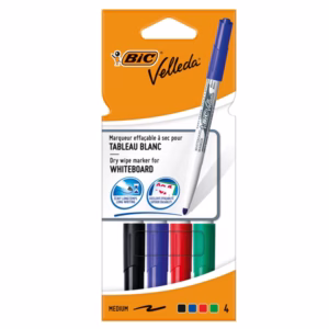Pennarello Whiteboard Marker Velleda 1741 - punta tonda 1,4 mm - colori assortiti - Bic - astuccio 4 pezzi