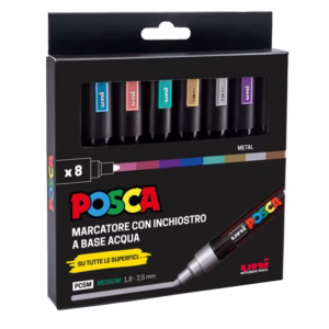 Marcatore Uni Posca PC5M - punta media 1,8-2,5 mm - colori assortiti metal - Uni Mitsubishi - conf. 8 pezzi
